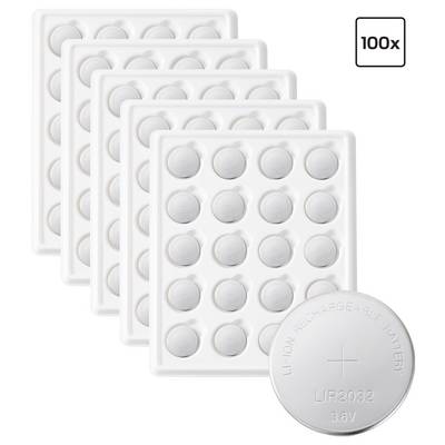 Stack of 100 white CR2032 lithium coin cell batteries in blister packs, with one loose battery shown in front.