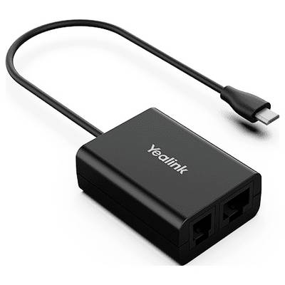 'Yealink' branded black Ethernet adapter with a USB-C connector on a short cable, featuring two Ethernet ports.