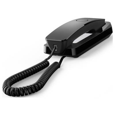 Black corded telephone with a coiled cable on a white background.