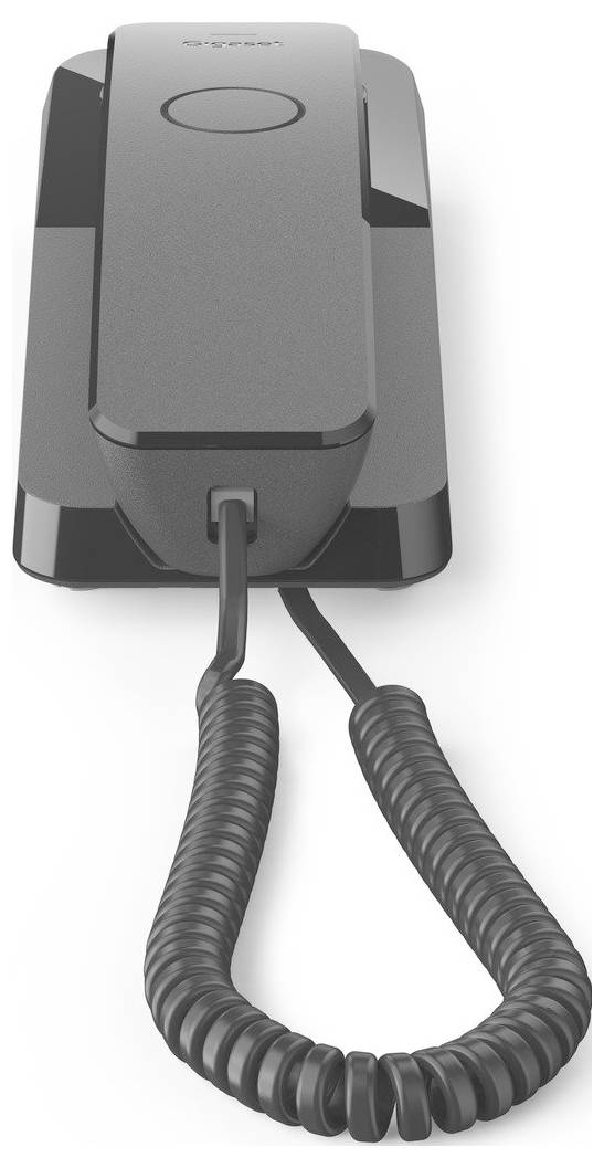 A black corded phone with a coiled cable, viewed from above, showcasing its sleek and minimalistic design.
