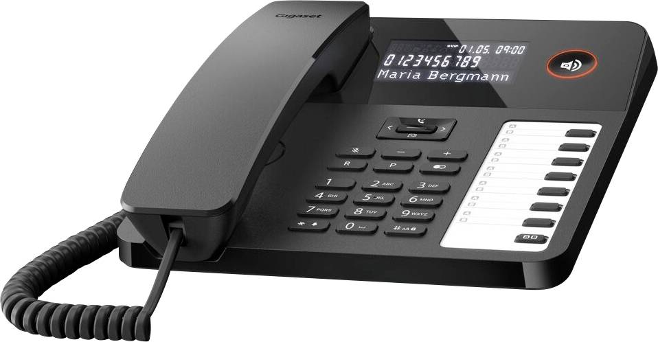 A black office desk phone with a digital display showing the date, time, and caller ID '0123456789 Maria Bergmann'.
