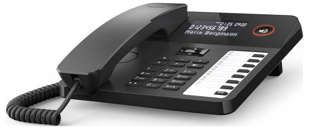 A black office landline telephone with numeric keypad, digital display showing a phone number and contact name, and coiled cord.