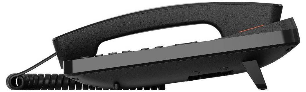 A black corded desk phone with buttons and a coiled cable, resting on a surface, viewed from the side.