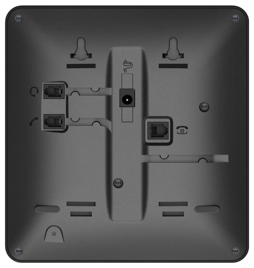 Back view of a dark square electronic device showing various ports for network cables and wall mount slots. No visible labels or markings.