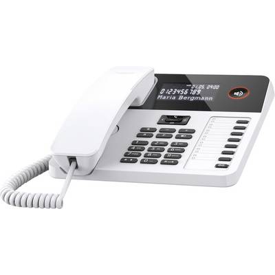 A white landline telephone with a digital screen displays '0123456789 Maria Bergmann'. It has a numeric keypad and function buttons.