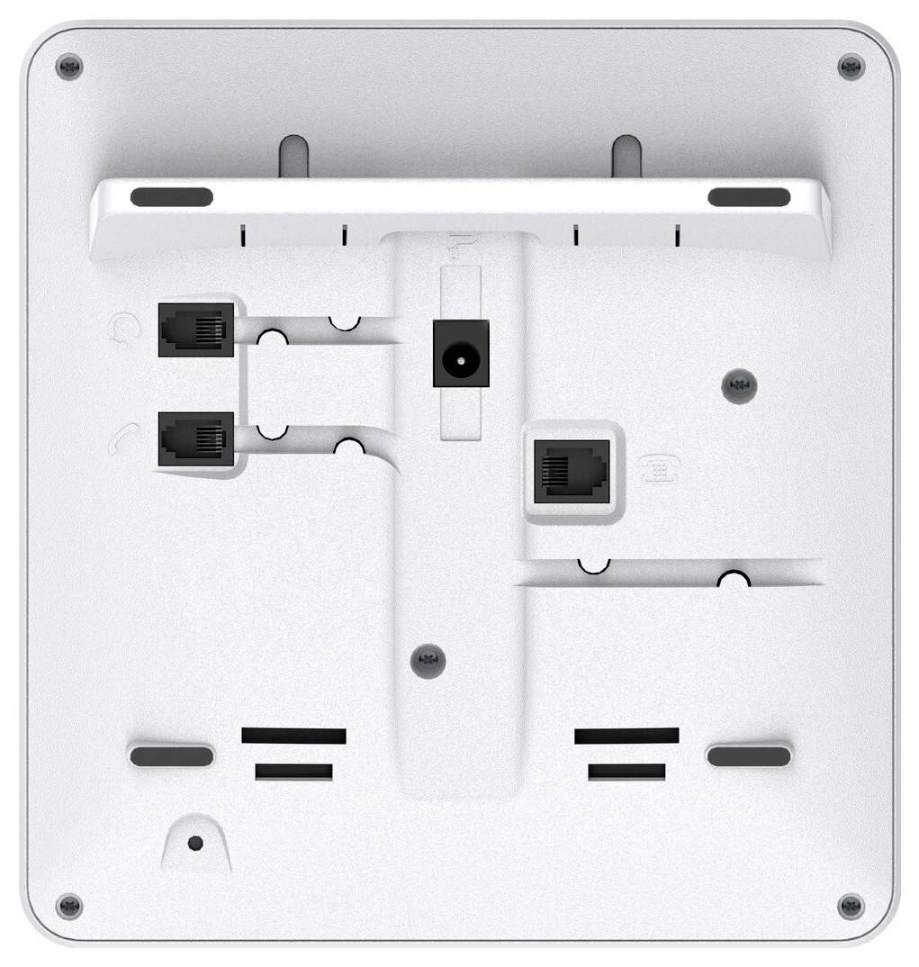 The image shows the back of an electronic device with multiple Ethernet ports, mounting slots, and vent openings, suggesting network connectivity.