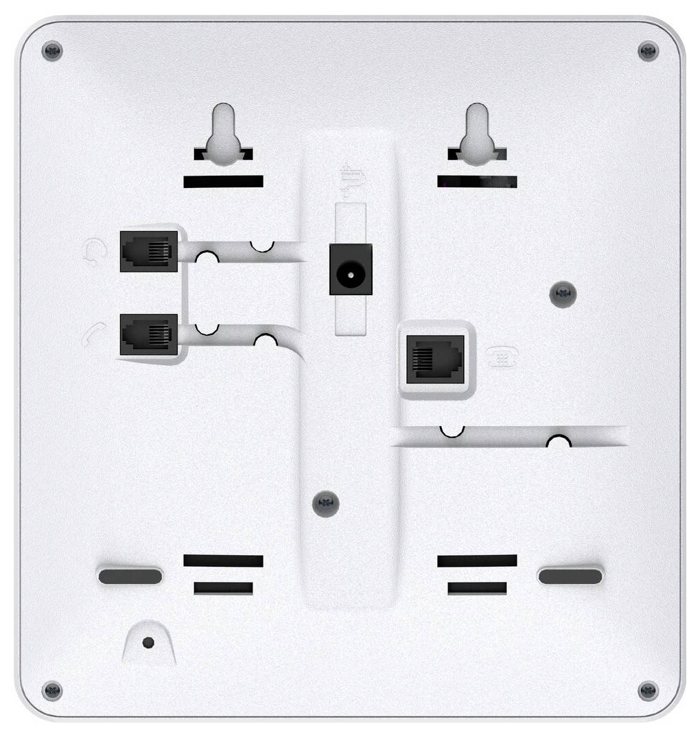 Back view of a white electronic device with multiple ports, including Ethernet and power connections, designed for wall mounting.