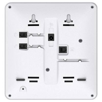 Back view of a white electronic device with multiple ports, including Ethernet and power connections, designed for wall mounting.