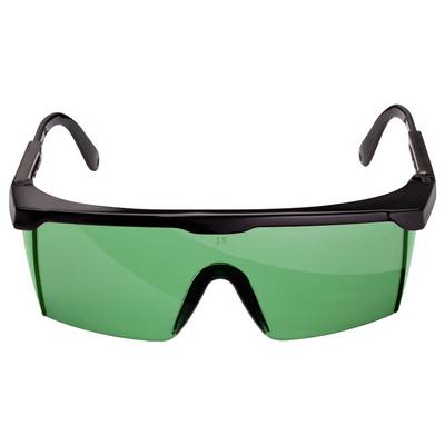 Black-framed glasses with green-tinted lenses, featuring a wraparound design intended for use in laser protection or specific light filtering.