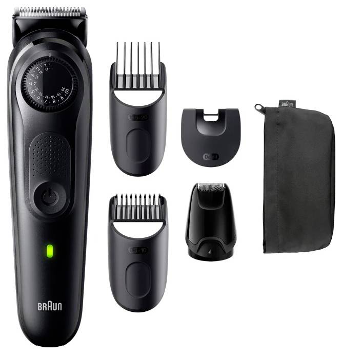 Electric trimmer set with multiple attachments and a travel pouch, designed for grooming different hair lengths and styles.