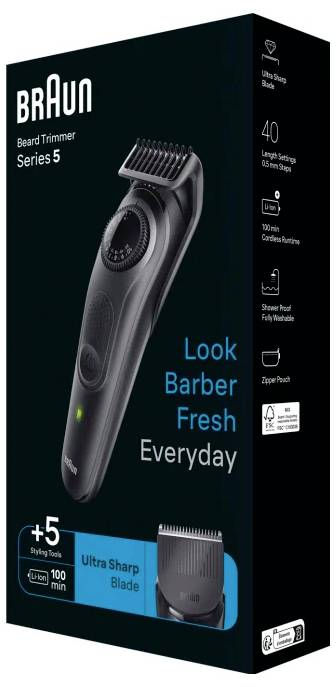 'Braun Beard Trimmer Series 5' box showing the trimmer, 'Look Barber Fresh Everyday' tagline, and features like 40 length settings.