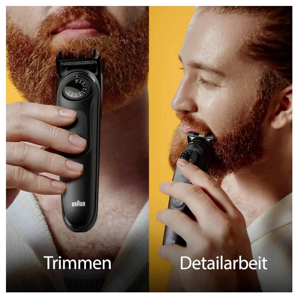 Man using an electric trimmer to groom his beard, showcasing trimming and detailing functions.