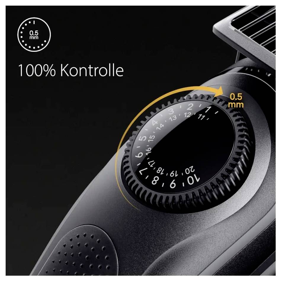 Close-up of a hair clipper with a dial set to '0.5 mm'. Text reads '100% Kontrolle', highlighting precise hair length control.