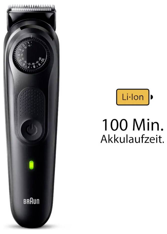 An electric razor with a dial for length settings, power button, and battery indicator. Text reads '100 Min. Akkulaufzeit' with a Li-Ion icon.