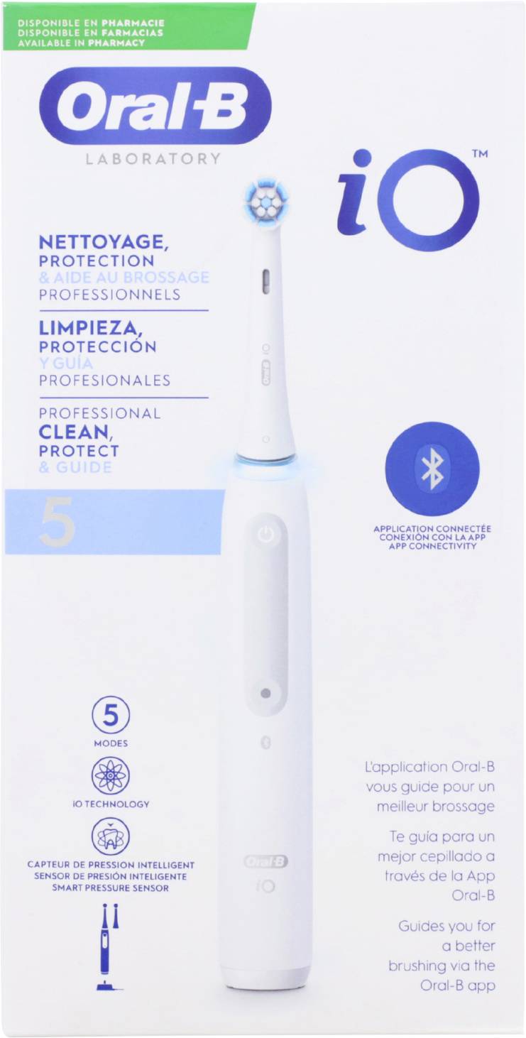 'Image of Oral-B iO electric toothbrush package. Features include professional clean, Bluetooth connection, and smart pressure sensor.'