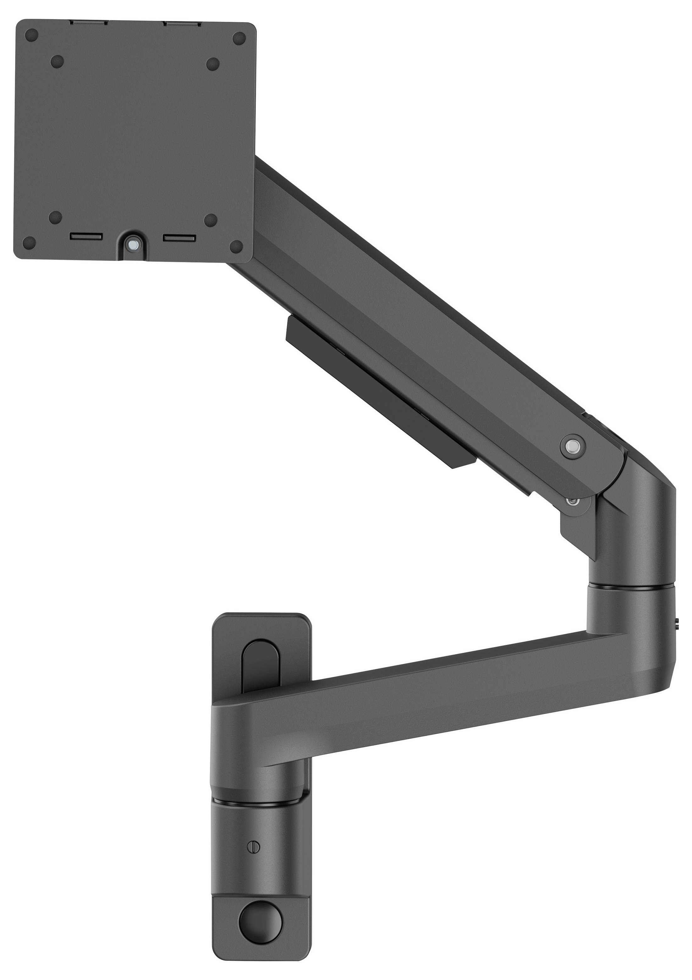 Black adjustable monitor arm with VESA mount plate and desk clamp, shown on a white background.
