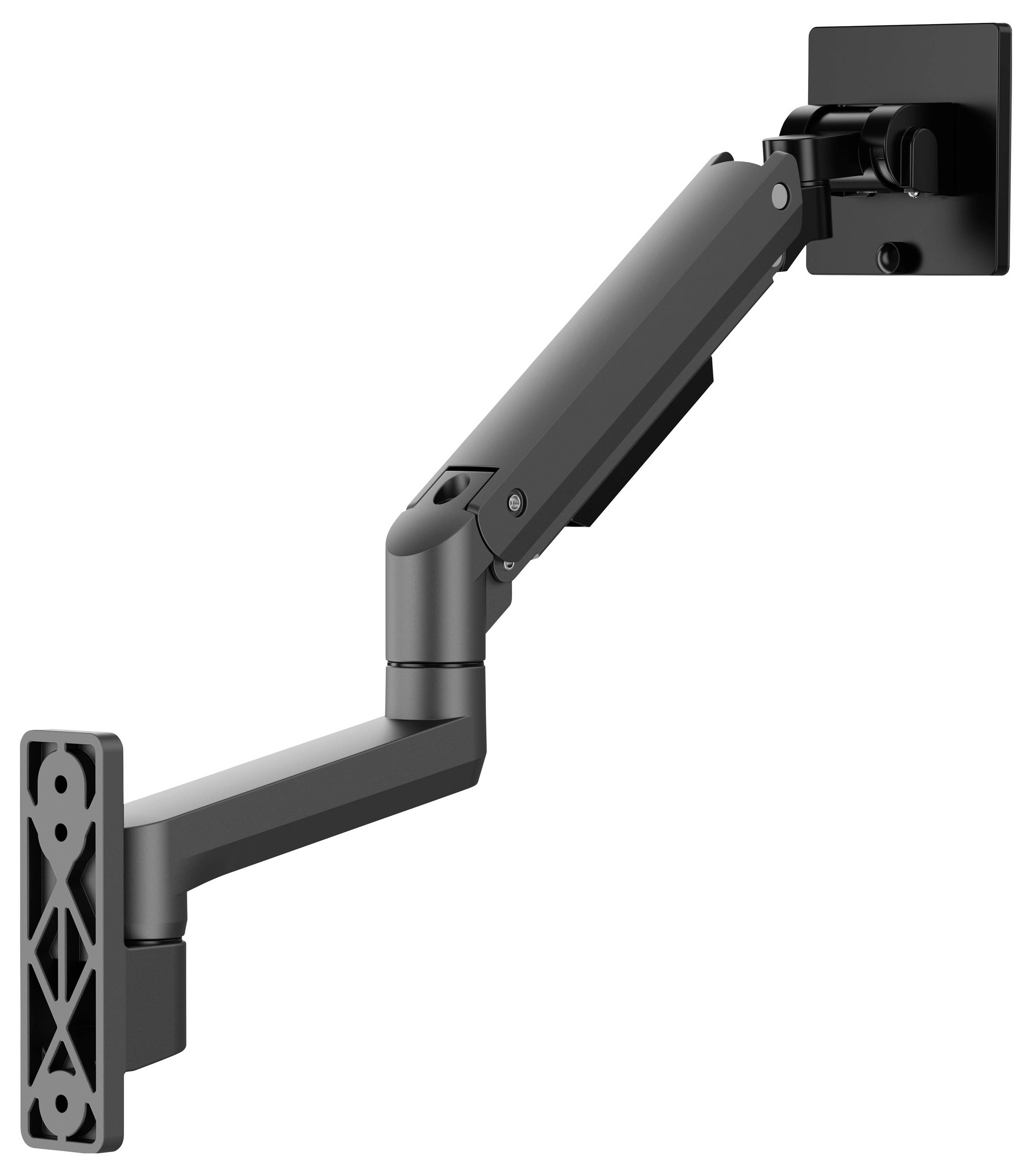Adjustable black dual-arm wall mount bracket for a monitor or TV, shown extended against a white background.