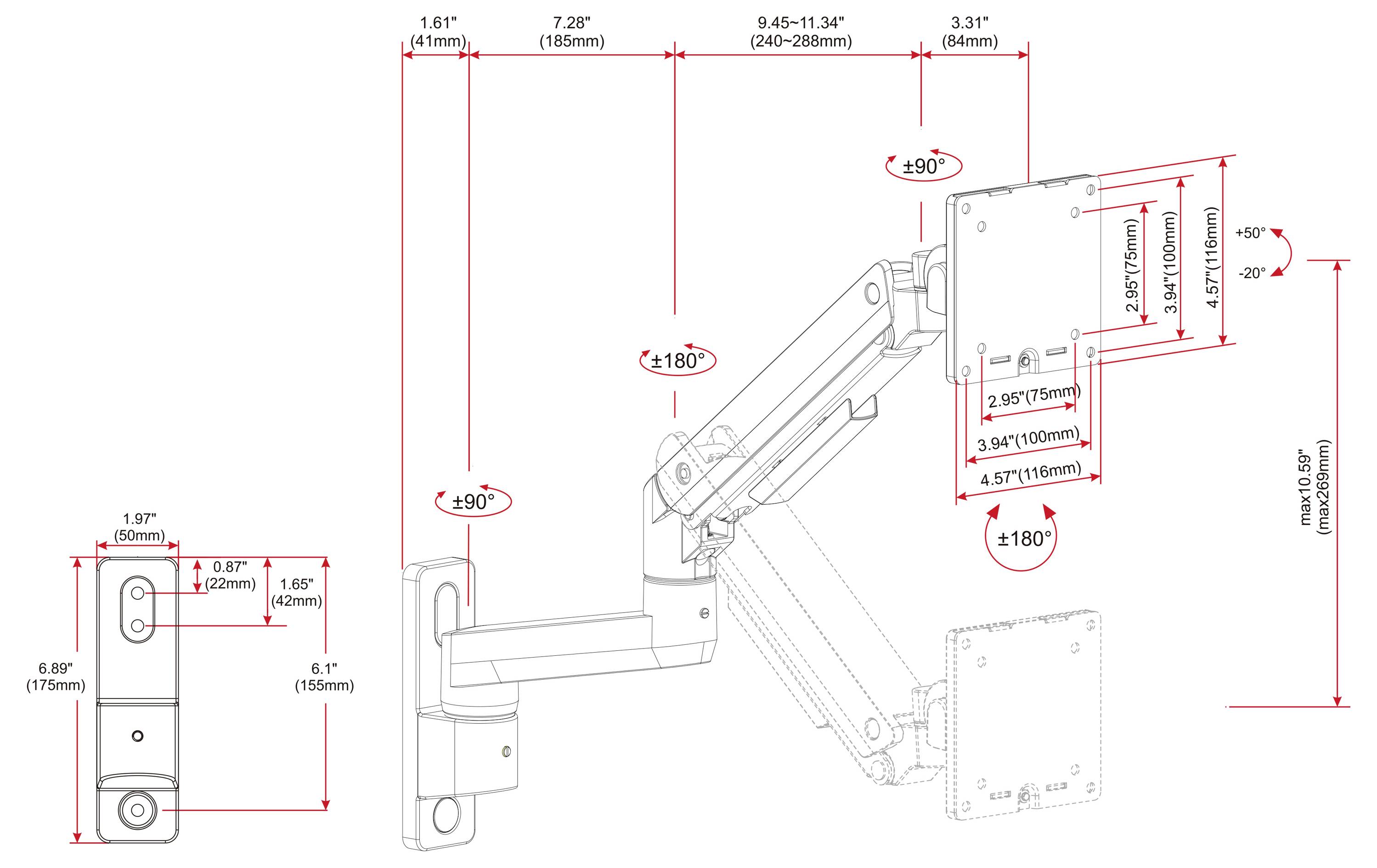 Technical diagram of a wall-mounted adjustable arm bracket with VESA plate, showing dimensions and tilt/rotation ranges labeled in inches and millimeters.