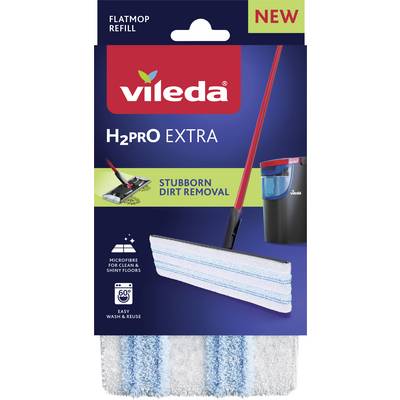 'Vileda H2Pro Extra' flatmop refill packaging showing a mop head, highlighting 'Stubborn Dirt Removal', 'Microfibre', and 'Easy Wash & Reuse'.