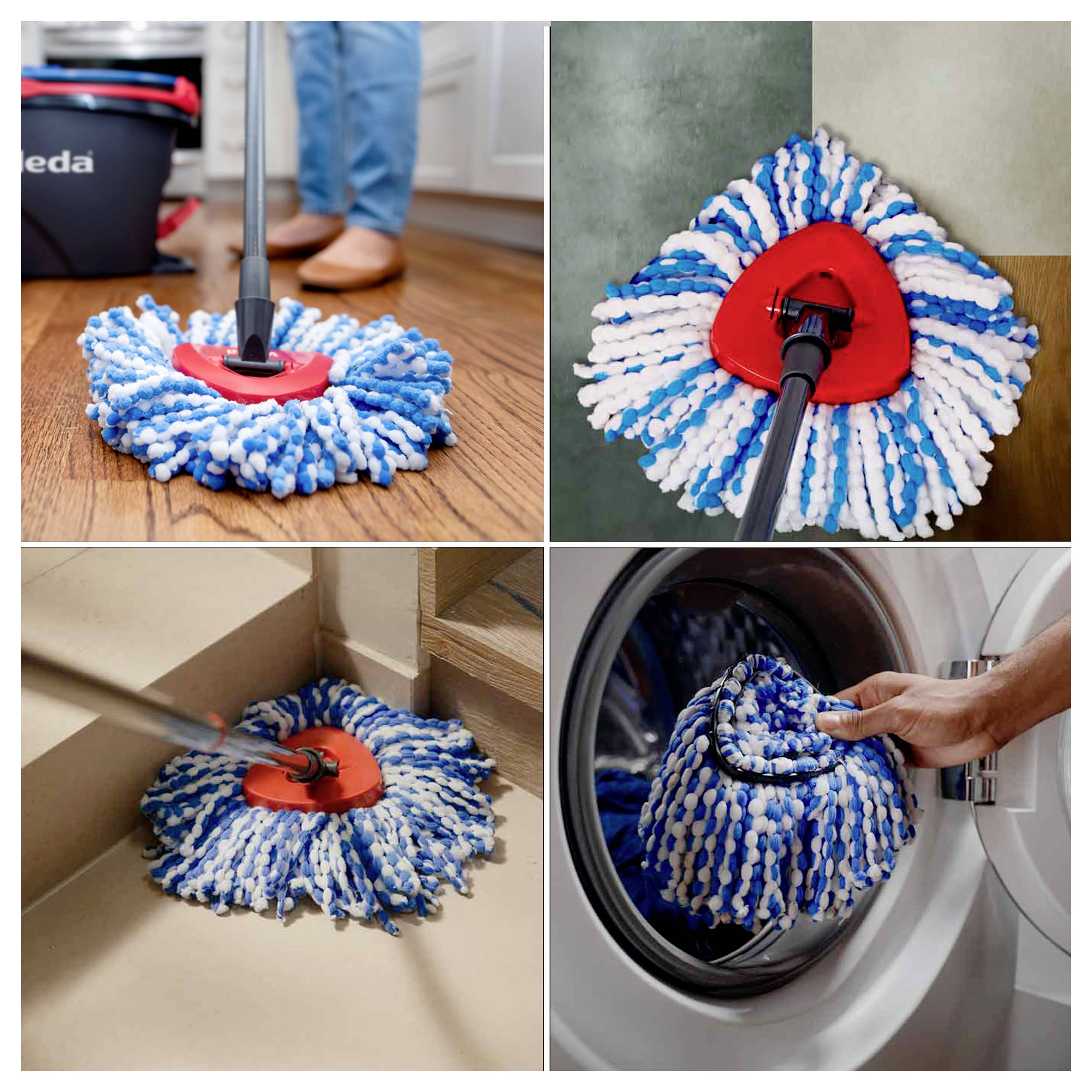 'Four images: 1) A person mopping a wooden floor. 2) Triangular mop head close-up. 3) Mop cleaning a tiled floor. 4) Mop head in washing machine.'