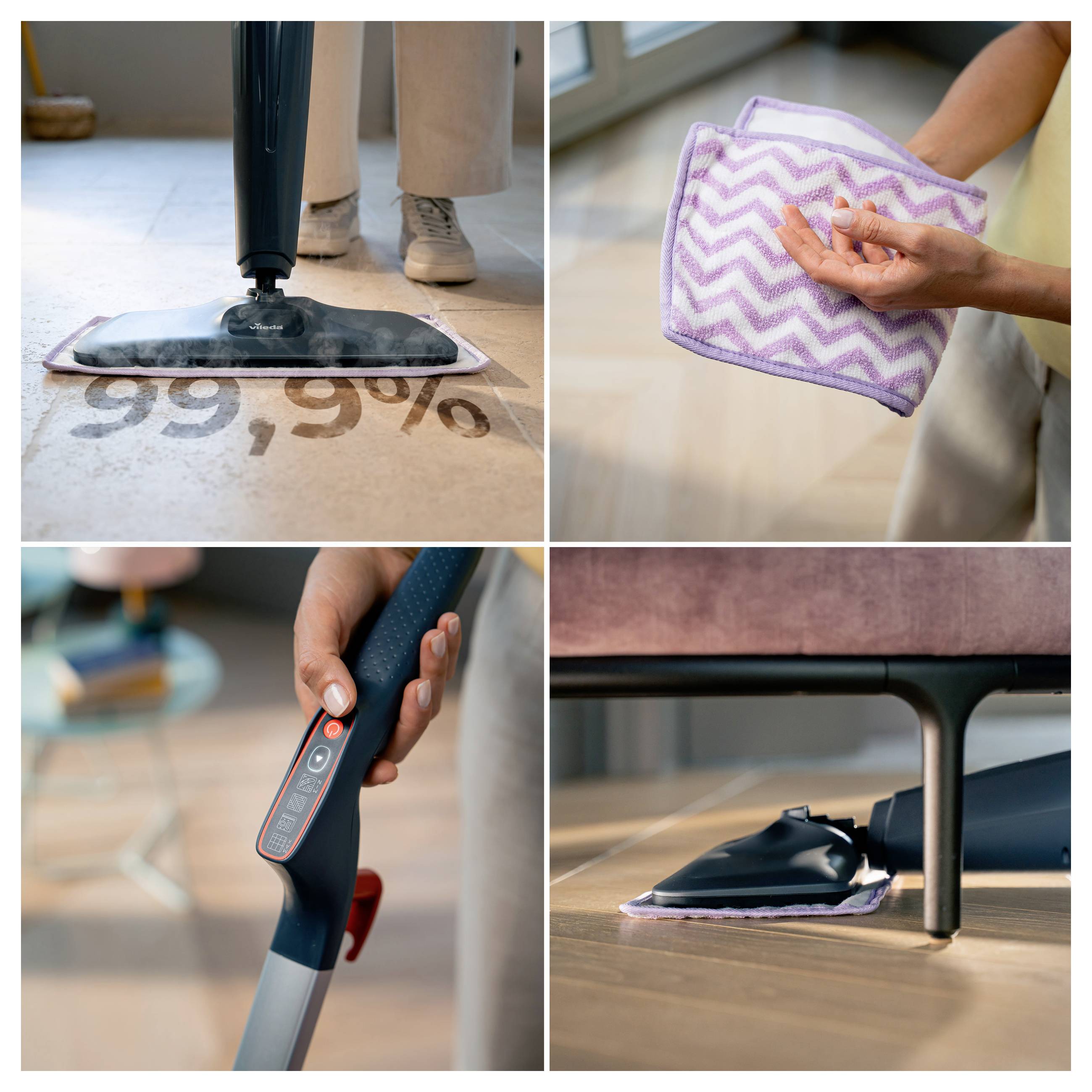 Collage showing steam cleaning and mopping: mop over '99,9%' text, hand holding lavender pouch, vacuum handle, and cleaning tool under furniture.