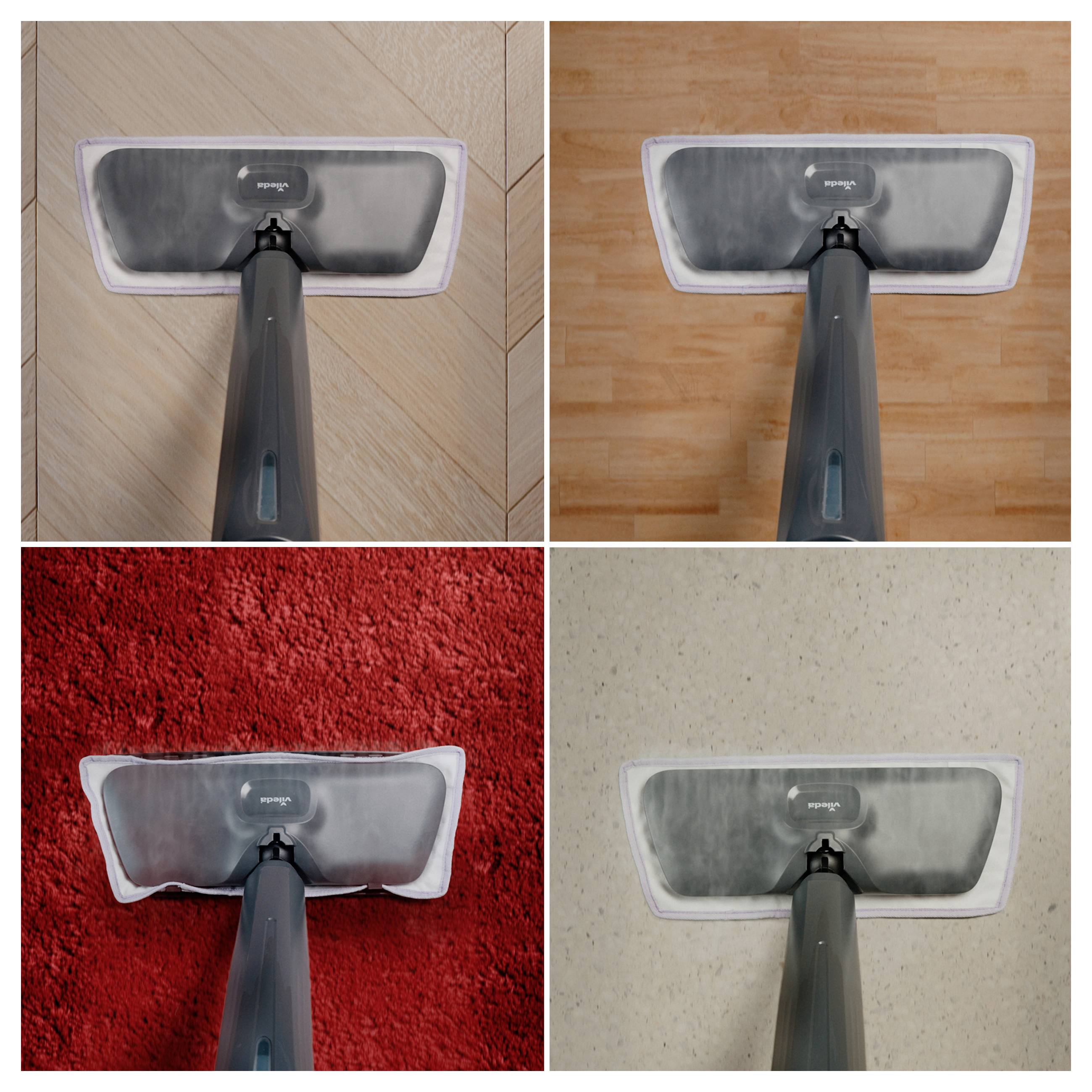 Four photos show a mop head on different floors: wood, parquet, red carpet, and beige tile, demonstrating cleaning on varied surfaces.