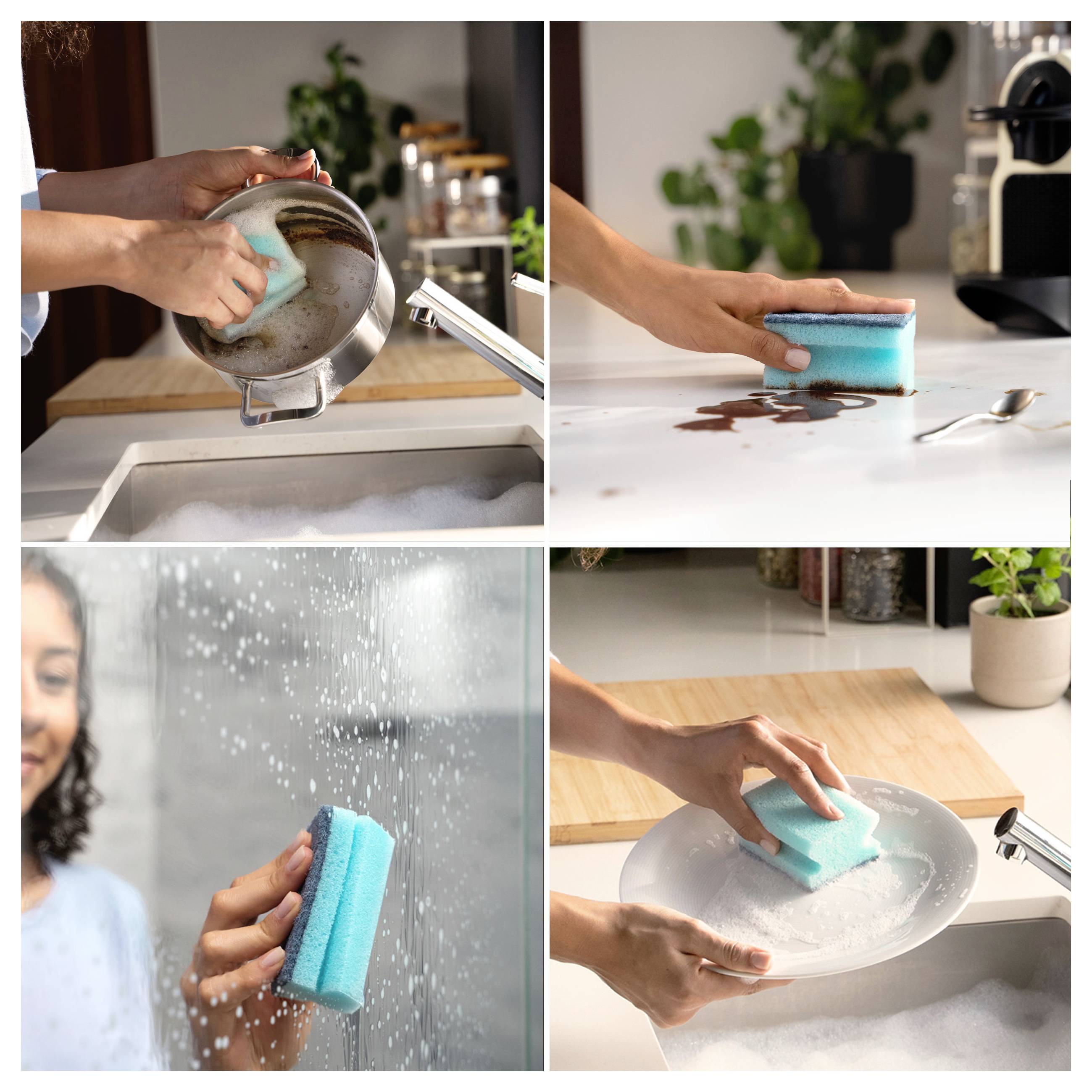 A person cleans a pot, a counter, a glass surface, and a plate with a blue sponge, showing different cleaning tasks in a kitchen.