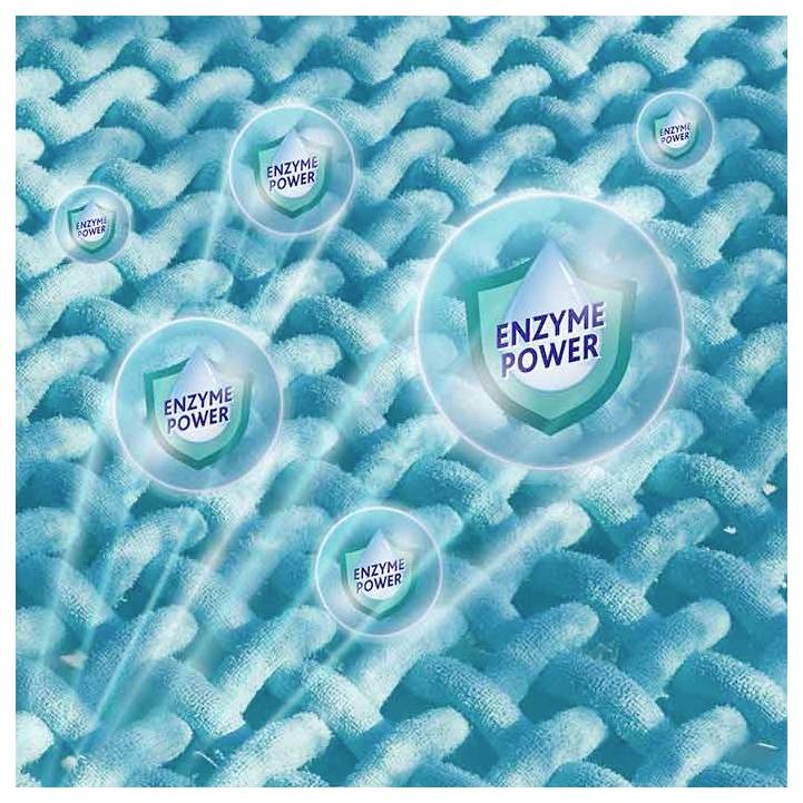 Bubbles labeled 'Enzyme Power' clean a blue fabric mesh, conveying cleaning product effectiveness.