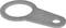 A metal bracket with a circular opening and elongated tab, featuring a smaller hole at the opposite end, designed for mounting or securing objects.