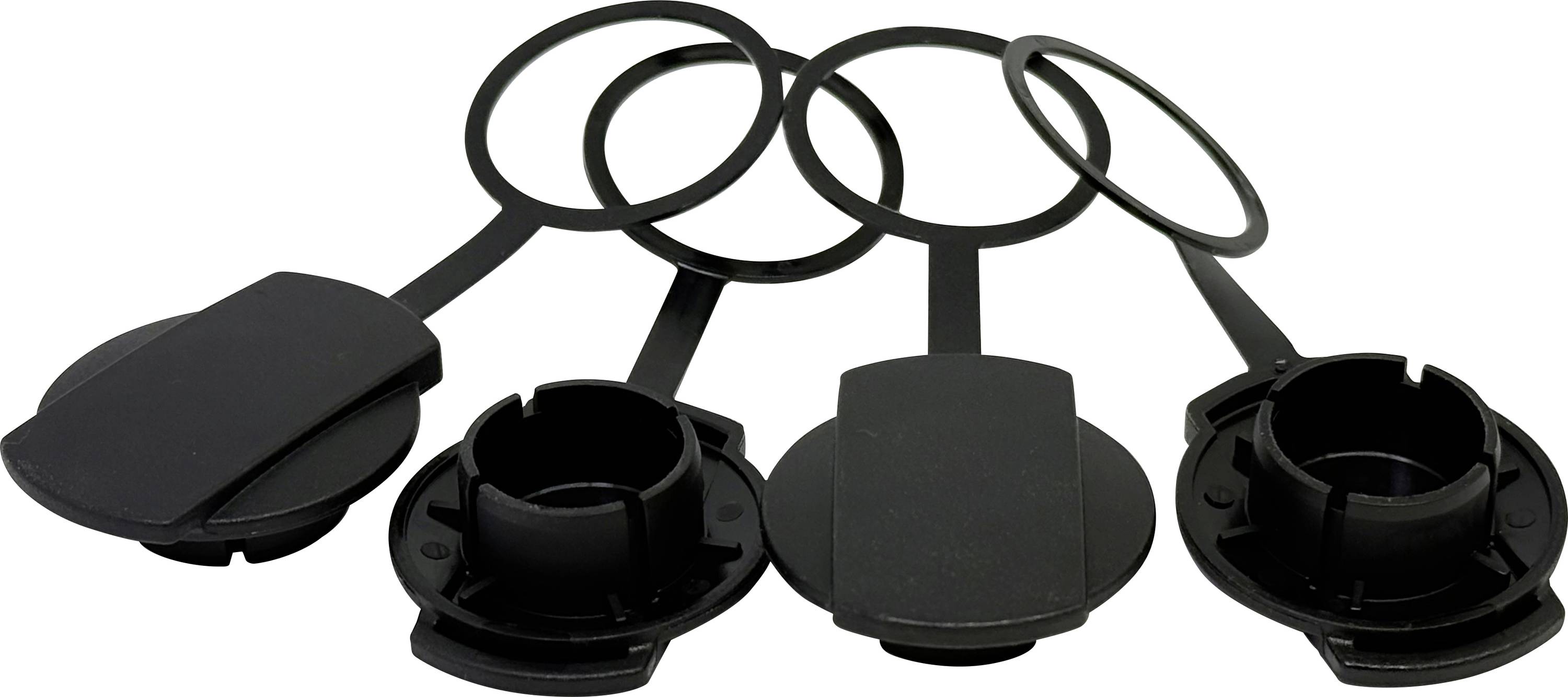 'Black plastic dust caps with circular loops designed for sealing and protecting industrial container openings, set of four.'