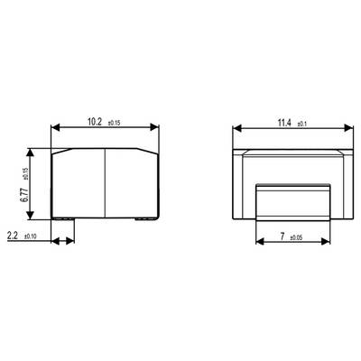 Technical drawing of a device showing dimensions: 10.2x6.77x2.2 mm (left side), 11.4x7 mm (right side), with tolerance values.