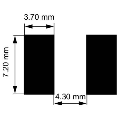 The image shows two black rectangular blocks with dimensions labeled. The left block is 3.70 mm wide and 7.20 mm tall, with a 4.30 mm gap between them.