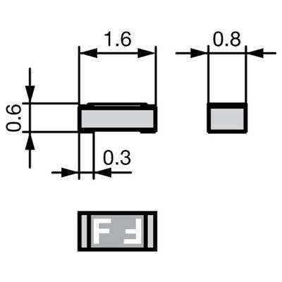 A technical diagram illustrating a small rectangular component with dimensions: 1.6 mm by 0.8 mm by 0.6 mm. Marked with 'FE'.