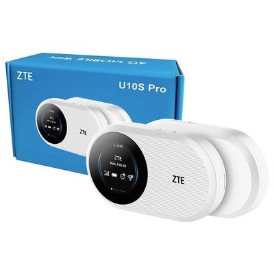 ZTE U10S Pro 4G mobile modem; white device with digital display showing date and Wi-Fi signal; packaging in the background.