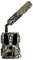A camouflaged trail camera with a long antenna designed for wildlife monitoring and research.