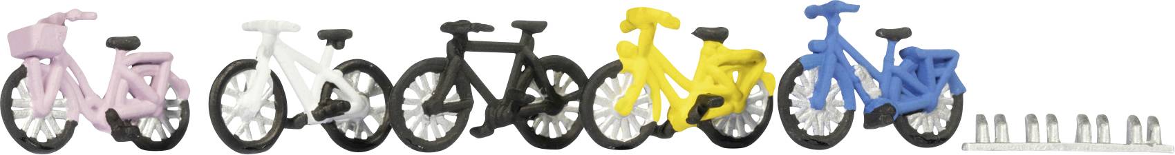 Five miniature bicycle models in different colors (pink, white, black, yellow, and blue) are lined up, followed by nine small silver cylinders.