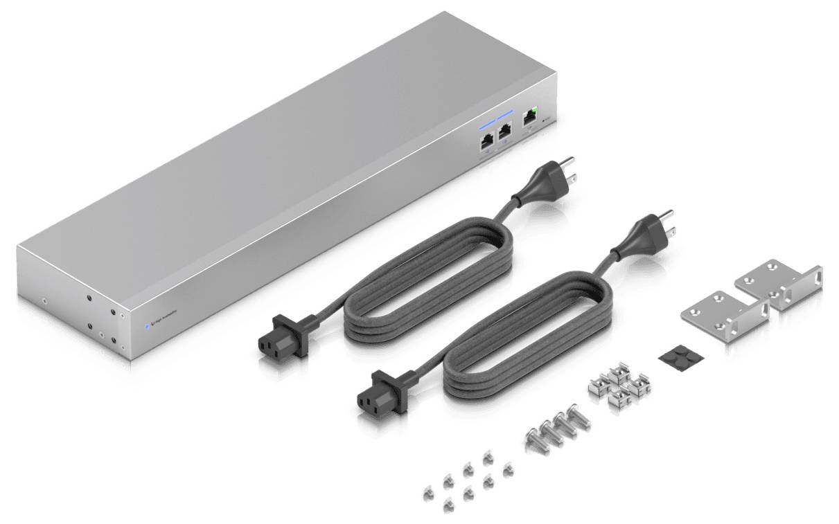Steel power distribution unit with two black power cords, mounting brackets, and screws, designed for server rack installation.