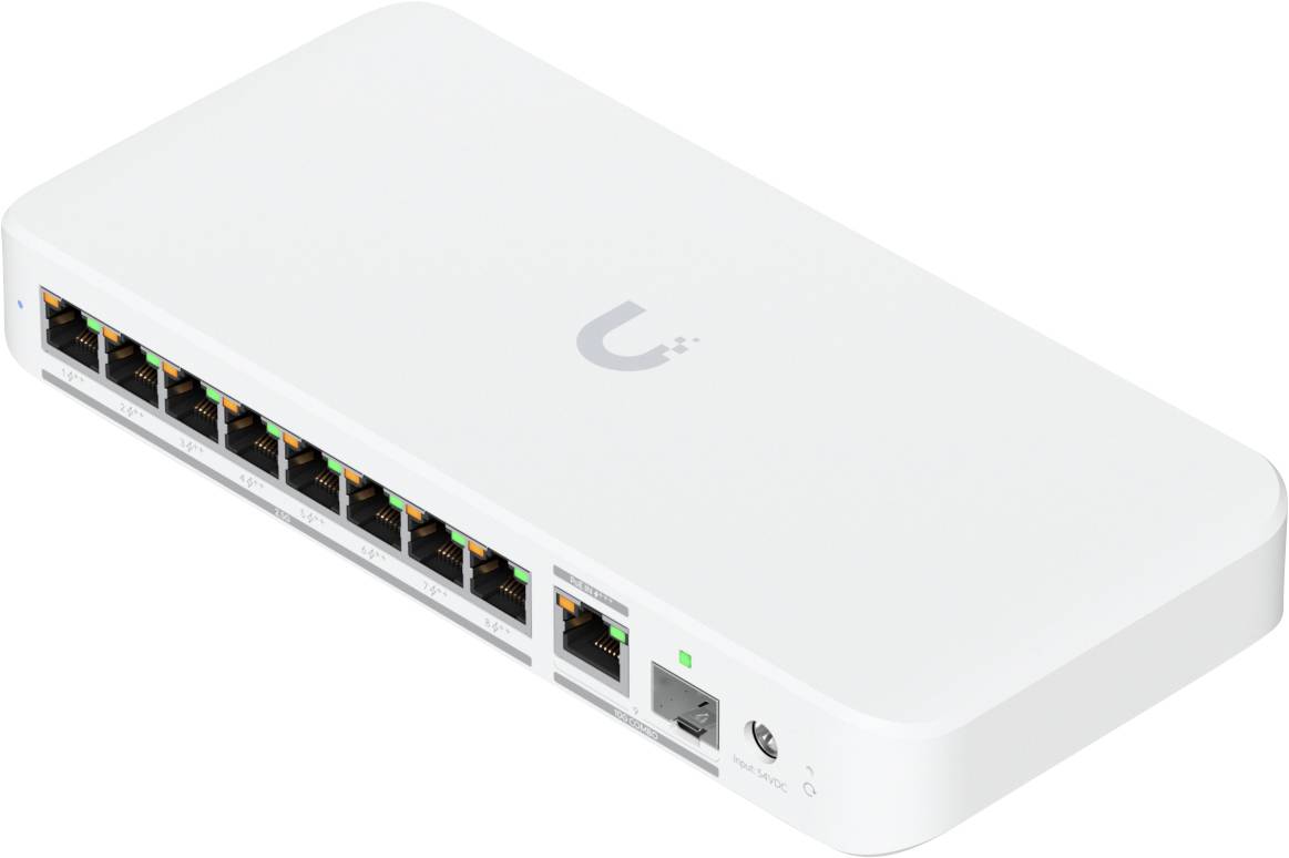 'White network switch with eight Ethernet ports and a power button on the side, displaying a logo on top.'