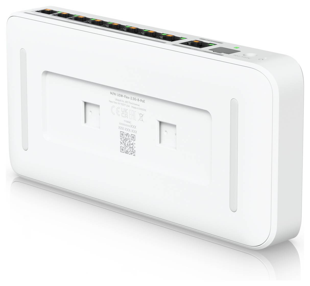 A white Wi-Fi router with multiple Ethernet ports and indicator lights on the top edge is shown from the side and back.