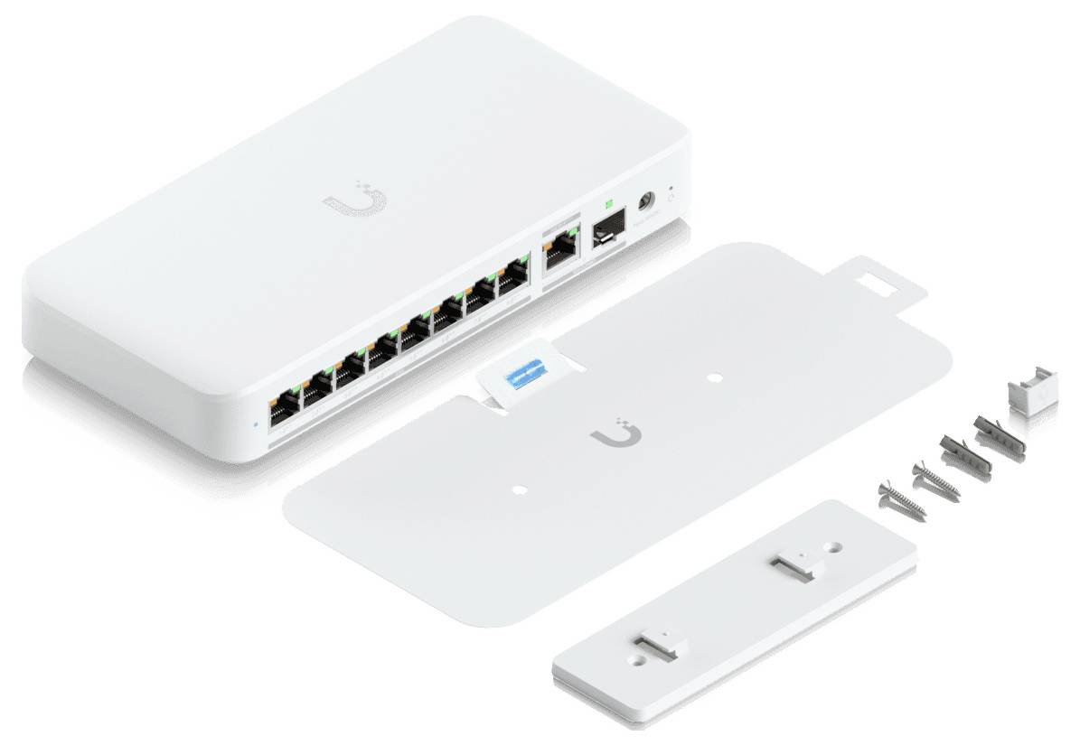 White network switch with multiple ports, shown with a wall-mount kit and screws. The 'U' logo is visible on the switch surface.
