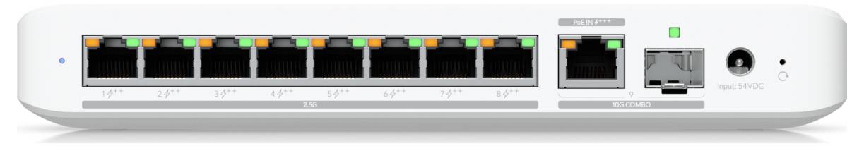 'Back view of a 9-port network switch, showing eight Ethernet ports and one SFP port, plus a power input on the right.'