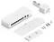 'Ubiquiti network switch with multiple Ethernet ports, power adapter, mounting bracket, screws, and accessories, arranged on white surface.'