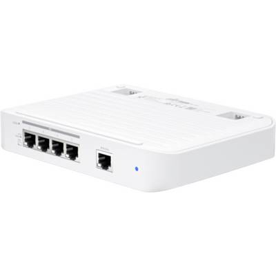 A white network switch with four Ethernet ports and a single power port on a white surface.