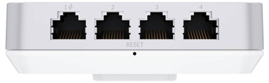 'Image of a network switch with four Ethernet ports labeled 1 to 4 and a reset button below.'