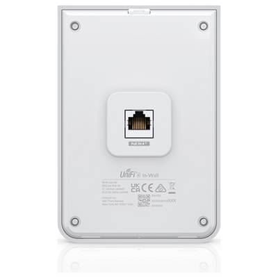 The back of a white UniFi In-Wall access point, showing an Ethernet port and product certification details.