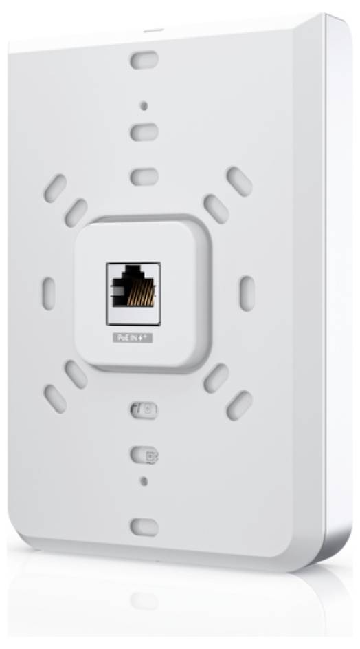 A white wall-mounted wireless access point with an Ethernet port in the center, surrounded by several small slots and indicator lights.