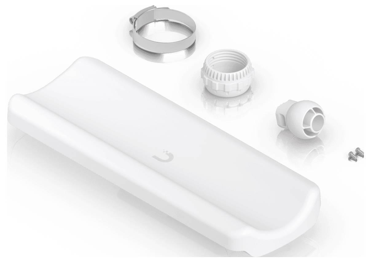 Rectangular white device with mounting accessories including screws, brackets, and adapters. Designed for wireless connectivity use.