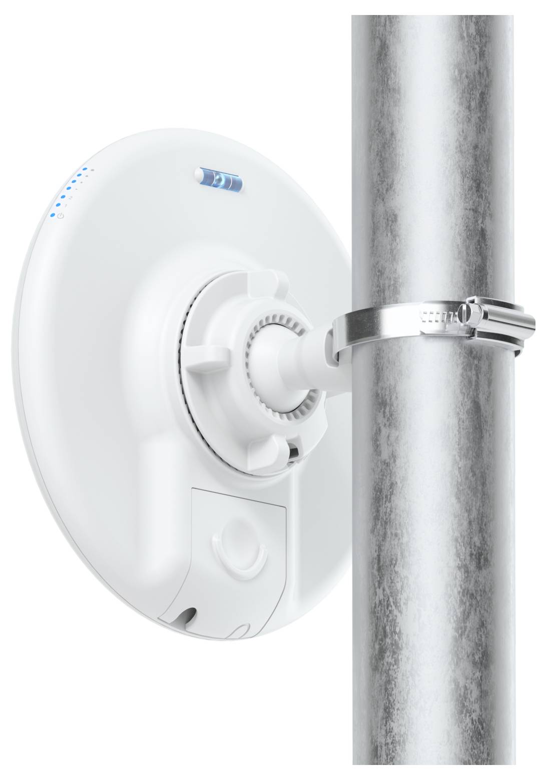 'A white circular wireless device is mounted on a vertical metal pole using a clamp, displaying a blue LED indicator.'