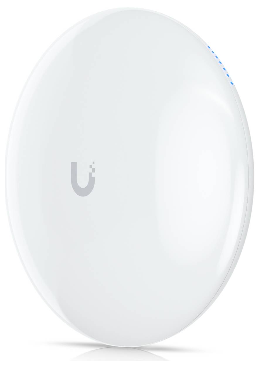 'A white, oval-shaped wireless access point with the letter "U" on the front, featuring blue indicator lights on the edge.'