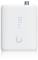 'A white device with a silver connector on top, blue indicator lights, and a logo below. Likely a network or electronic equipment.'